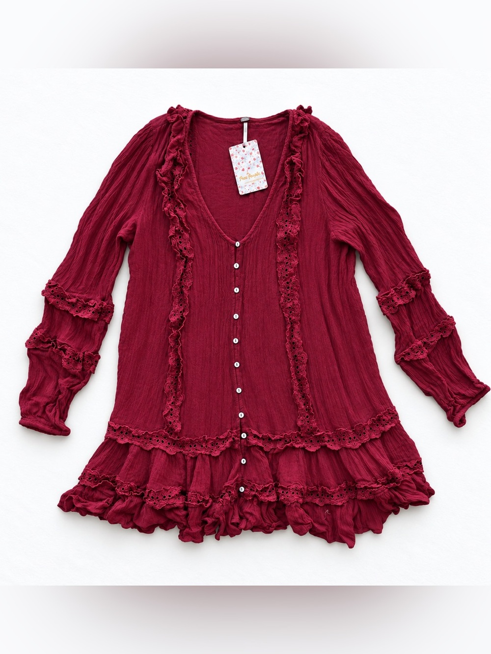 Free People Burgundy Ruffle-Trim Button-Front Dress
